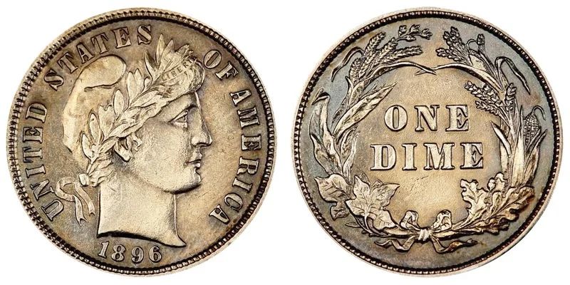1896 Barber Dime obverse and reverse showing Liberty portrait and wreath design