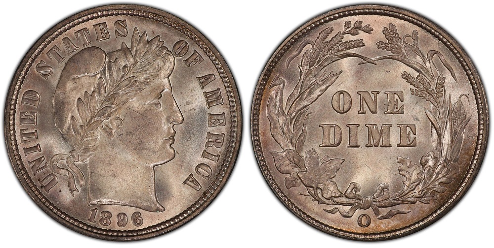 Side-by-side comparison of 1896 Philadelphia Barber Dime (no mint mark) versus 1896-O New Orleans Barber Dime showing the O mint mark difference