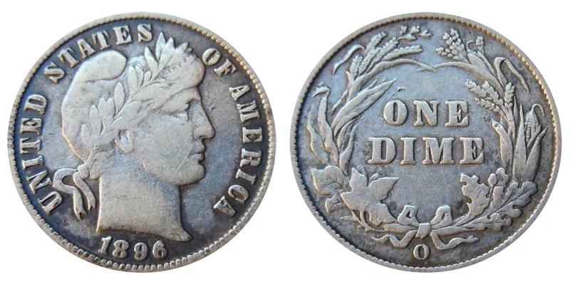1896-O Barber Dime close-up showing New Orleans O mint mark below the wreath ribbon