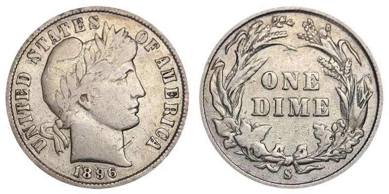 1896-S Barber Dime showing San Francisco S mint mark and well-struck design details