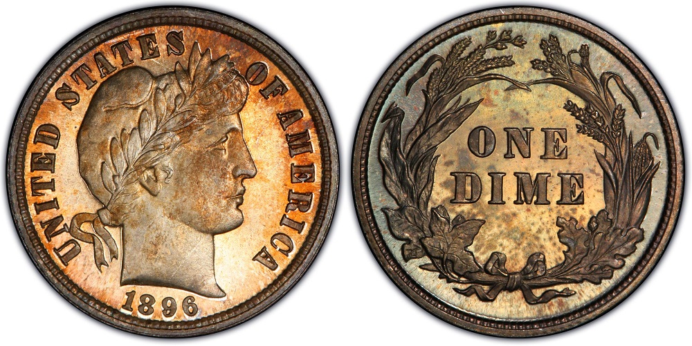 1896 Proof Barber Dime showing mirror-like fields and frosted Liberty portrait