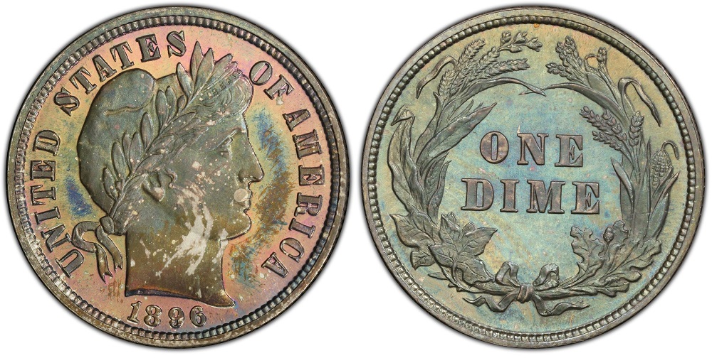 1896 Barber Dime grading progression strip showing Good, Very Fine, Extremely Fine, and About Uncirculated grades